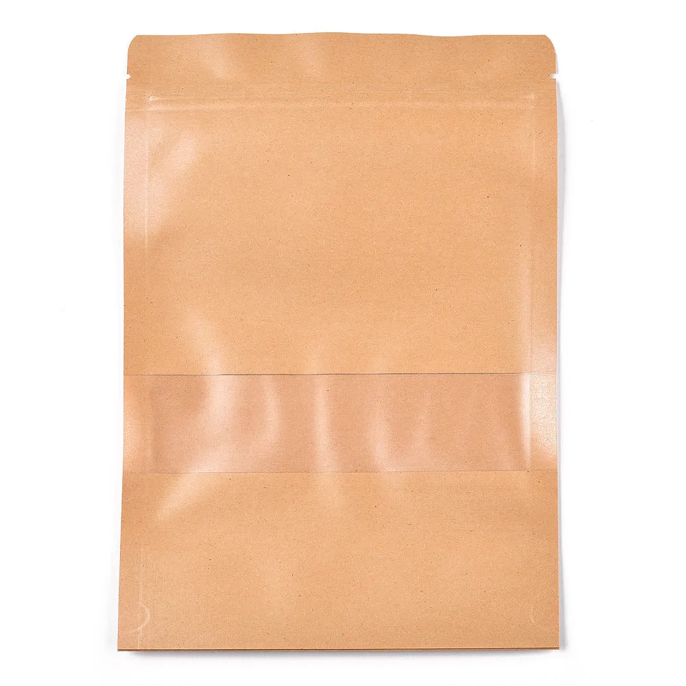 100 pc Resealable Kraft Paper Bags, Resealable Bags, Small Kraft Paper Stand up Pouch, with Window, Sandy Brown, 26.2x18.2cm