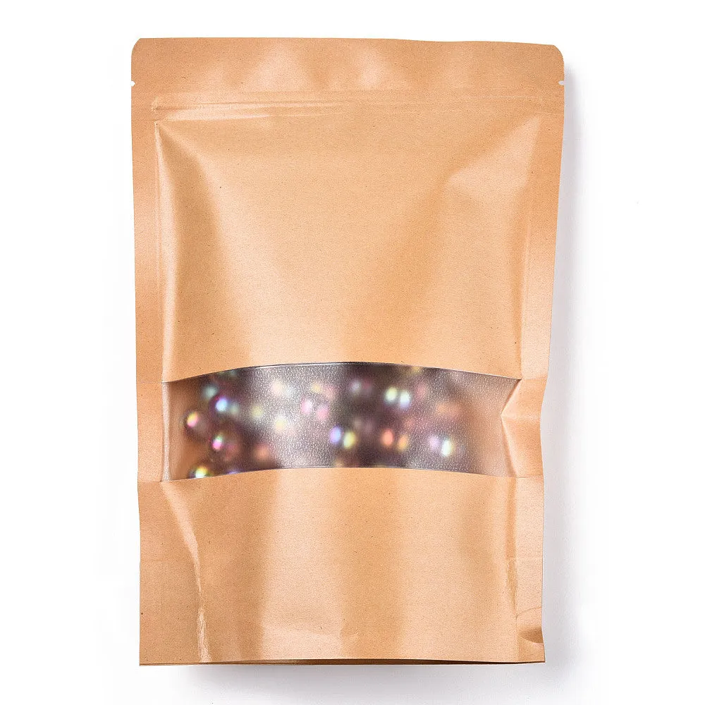 100 pc Resealable Kraft Paper Bags, Resealable Bags, Small Kraft Paper Stand up Pouch, with Window, Sandy Brown, 26.2x18.2cm