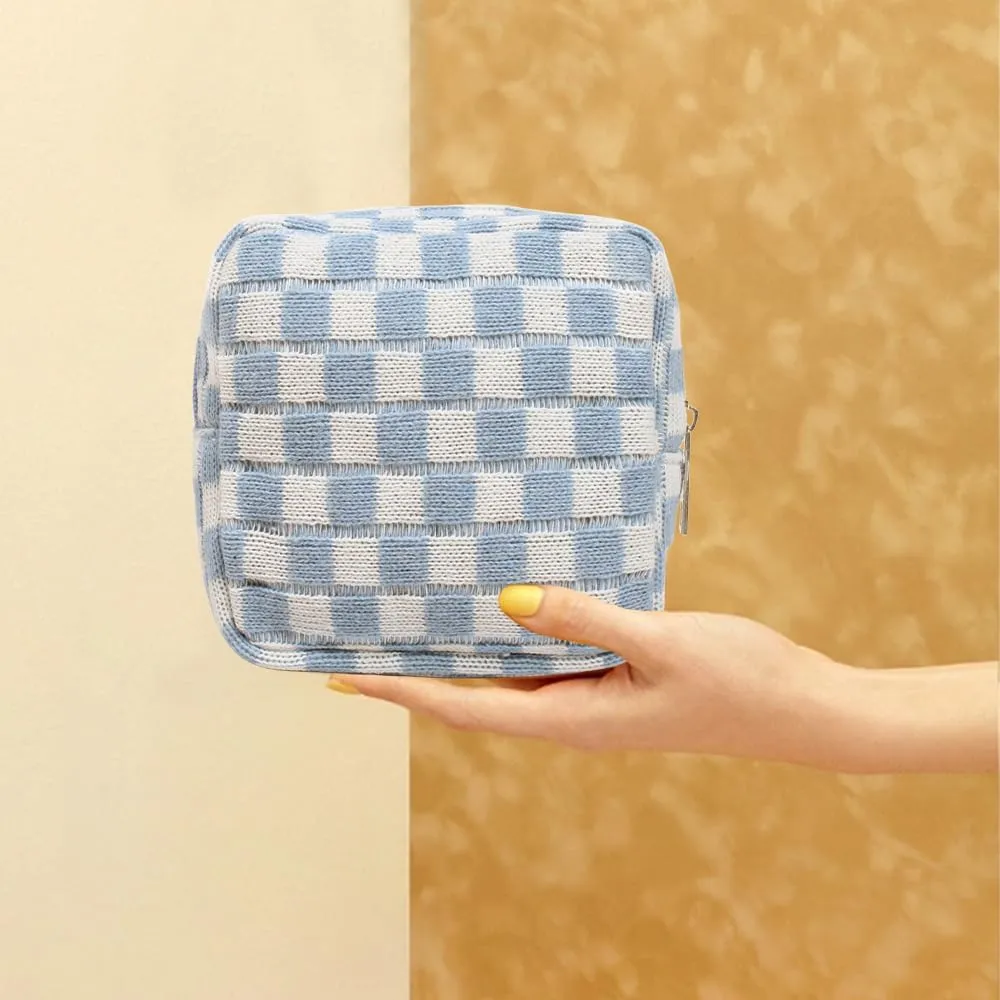 2 Pieces Makeup Bag Set, Small Blue Checkered Cosmetic Bag Travel Toiletry Organizer Mini Cosmetic Pouch Case Makeup Brushes Cute Quilted Aesthetic Accessories Storage Bag for Women