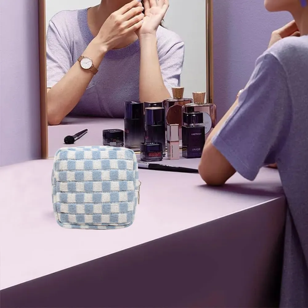 2 Pieces Makeup Bag Set, Small Blue Checkered Cosmetic Bag Travel Toiletry Organizer Mini Cosmetic Pouch Case Makeup Brushes Cute Quilted Aesthetic Accessories Storage Bag for Women