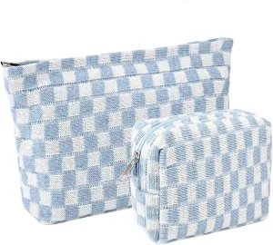 2 Pieces Makeup Bag Set, Small Blue Checkered Cosmetic Bag Travel Toiletry Organizer Mini Cosmetic Pouch Case Makeup Brushes Cute Quilted Aesthetic Accessories Storage Bag for Women