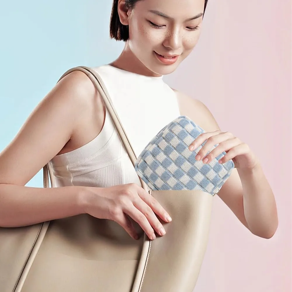 2 Pieces Makeup Bag Set, Small Blue Checkered Cosmetic Bag Travel Toiletry Organizer Mini Cosmetic Pouch Case Makeup Brushes Cute Quilted Aesthetic Accessories Storage Bag for Women