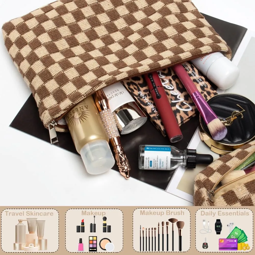 2 Pieces Makeup Bag Set, Small Brown Checkered Cosmetic Bag Travel Toiletry Organizer Mini Cosmetic Pouch Case Makeup Brushes Cute Quilted Aesthetic Accessories Storage Bag for Women