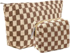 2 Pieces Makeup Bag Set, Small Brown Checkered Cosmetic Bag Travel Toiletry Organizer Mini Cosmetic Pouch Case Makeup Brushes Cute Quilted Aesthetic Accessories Storage Bag for Women