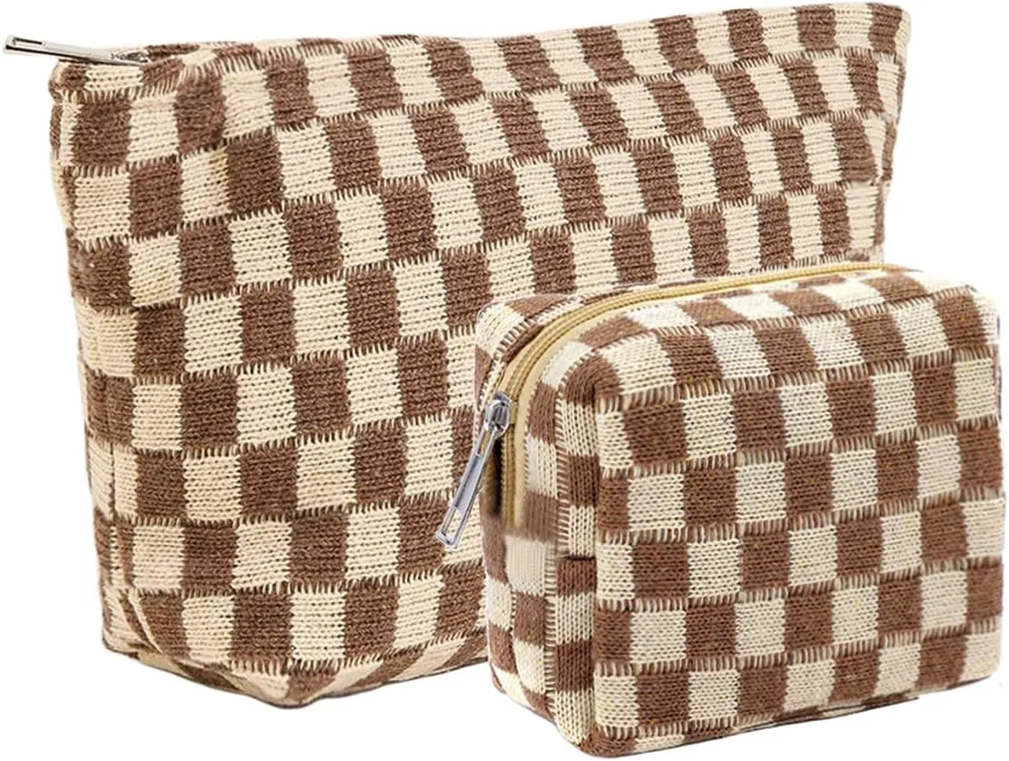 2 Pieces Makeup Bag Set, Small Brown Checkered Cosmetic Bag Travel Toiletry Organizer Mini Cosmetic Pouch Case Makeup Brushes Cute Quilted Aesthetic Accessories Storage Bag for Women