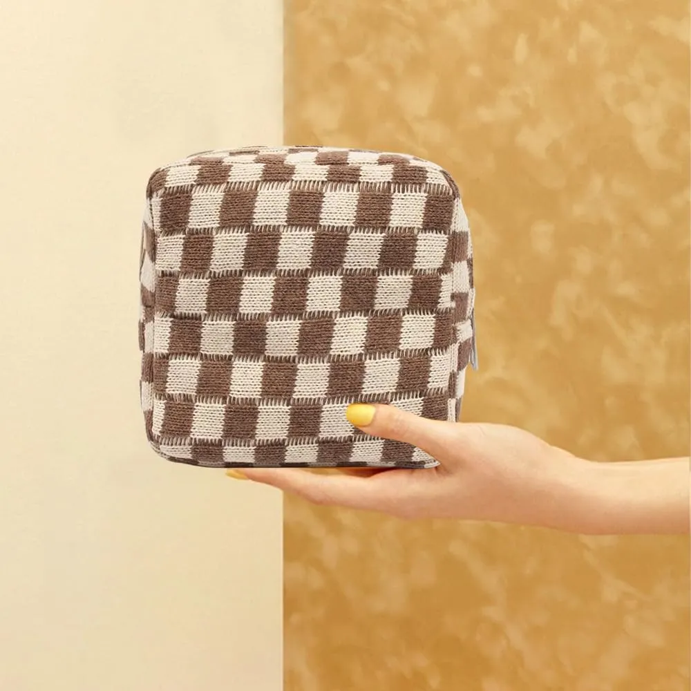 2 Pieces Makeup Bag Set, Small Brown Checkered Cosmetic Bag Travel Toiletry Organizer Mini Cosmetic Pouch Case Makeup Brushes Cute Quilted Aesthetic Accessories Storage Bag for Women