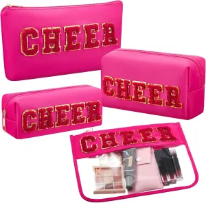 4 Pcs Cheer Makeup Bags Cheerleader Gifts Cosmetic Chenille Letter Patch Bags College Preppy Cheer Accessories Portable Nylon Travel Organizer Purse Toiletry Storage for Women, Hot Pink