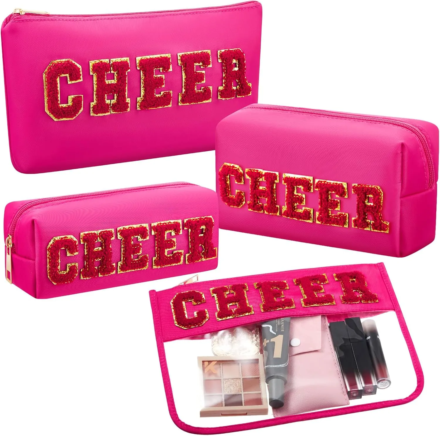 4 Pcs Cheer Makeup Bags Cheerleader Gifts Cosmetic Chenille Letter Patch Bags College Preppy Cheer Accessories Portable Nylon Travel Organizer Purse Toiletry Storage for Women, Hot Pink