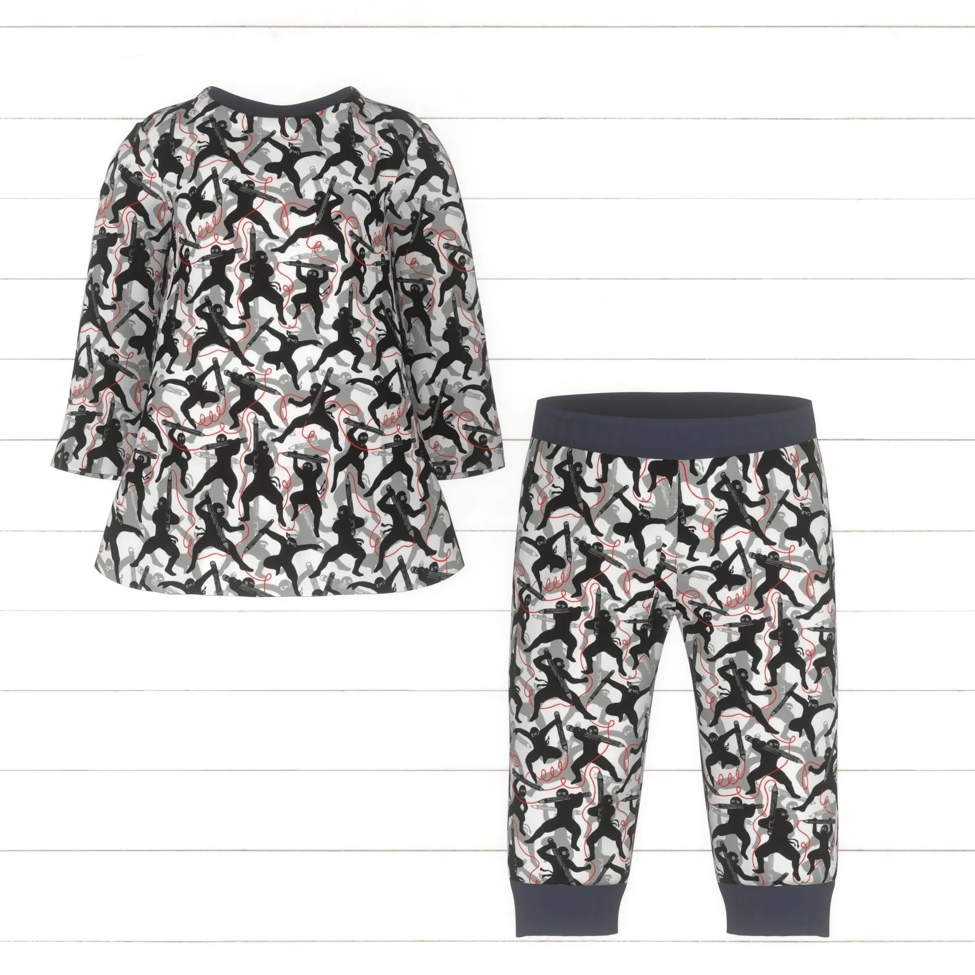 Back to school black ninjas with red pencils grey white