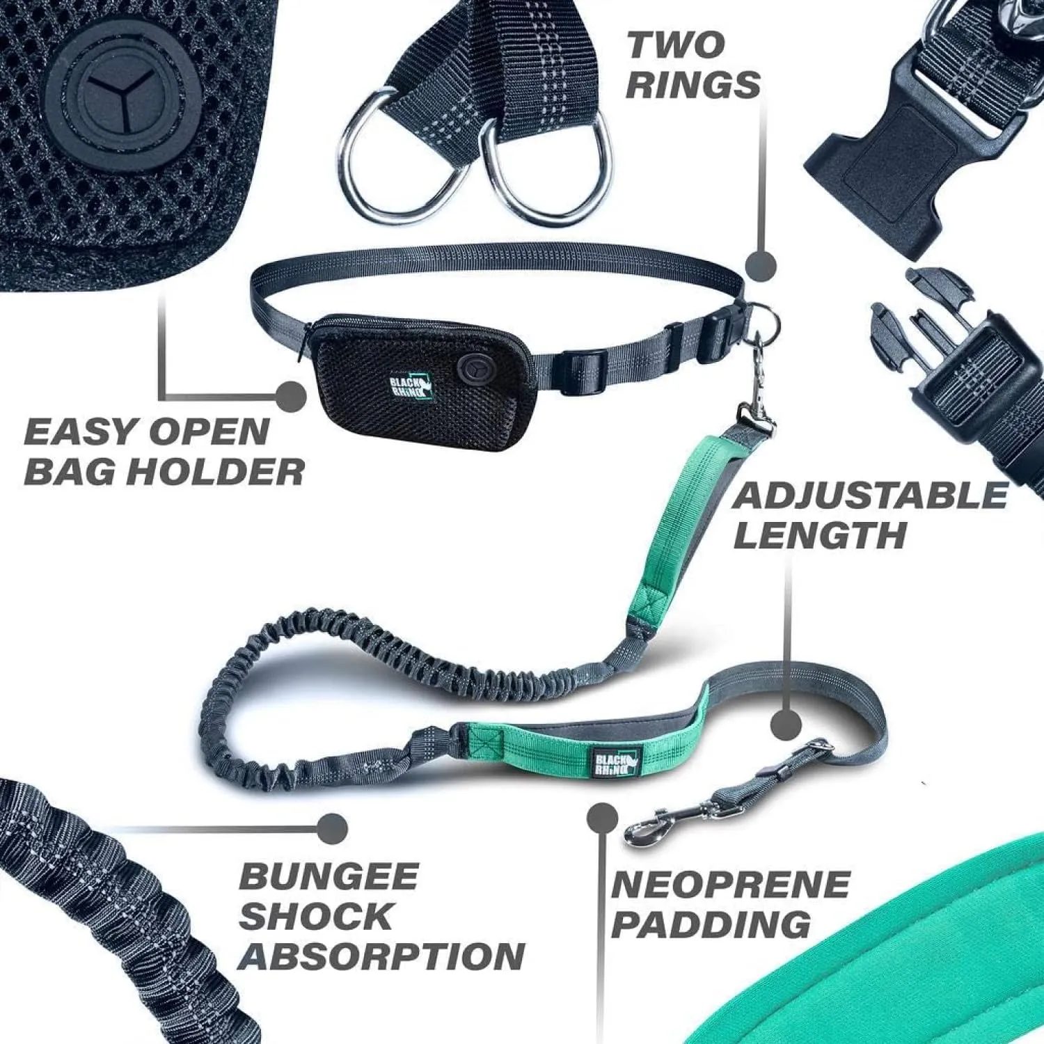 Black Rhino - Premium Hands Free Dog Leash for Running Walking Jogging & Hiking - Adjustable Length Dual Handle Bungee Leash Medium  Large Dogs Neoprene Padded Handles - Running Pouch Included Aqua