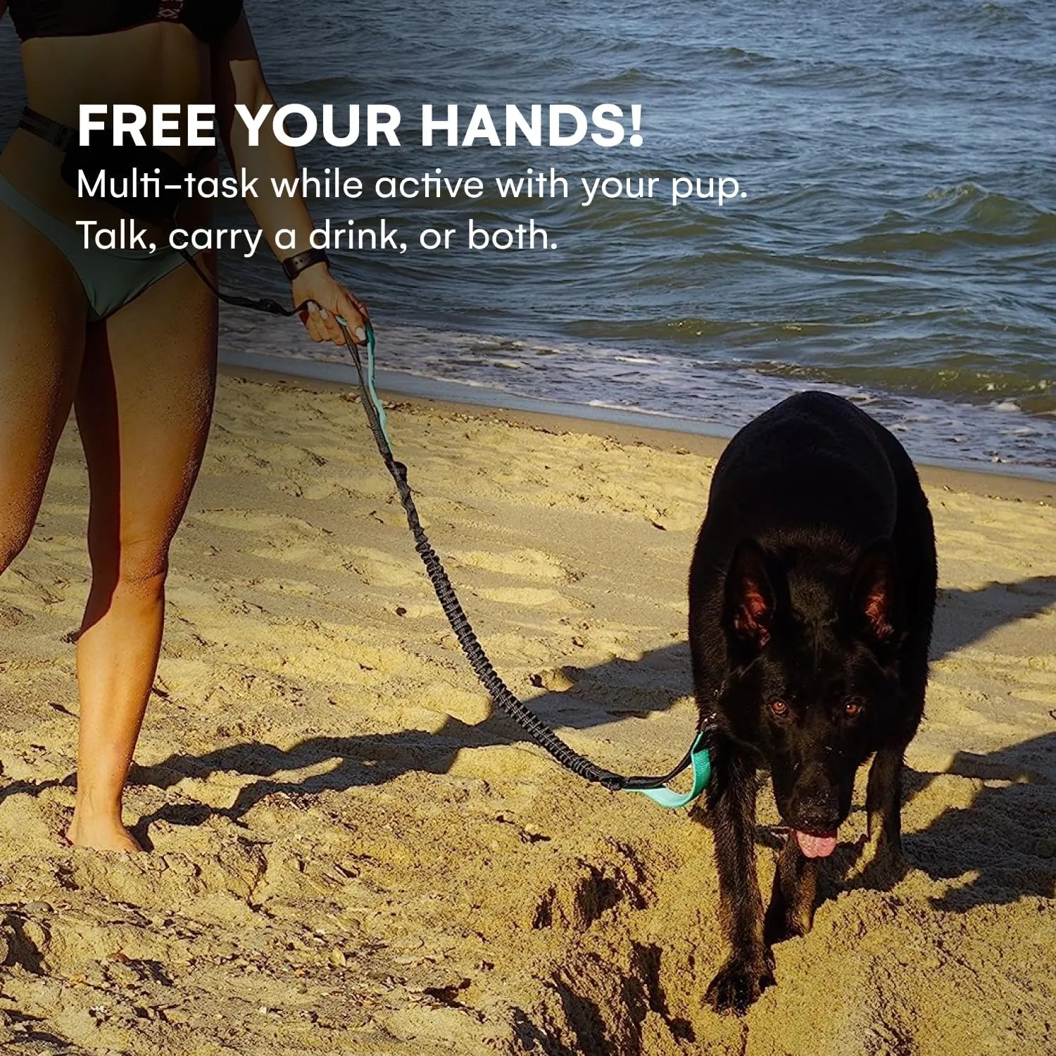 Black Rhino - Premium Hands Free Dog Leash for Running Walking Jogging & Hiking - Adjustable Length Dual Handle Bungee Leash Medium  Large Dogs Neoprene Padded Handles - Running Pouch Included Aqua