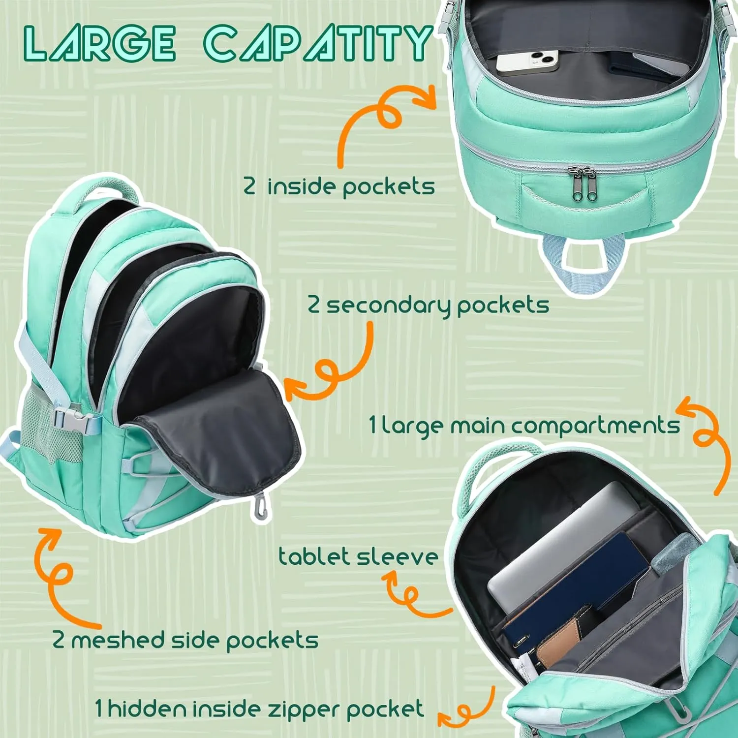 BLUEFAIRY Middle High School Backpack for Boys Girls Large Bookbag with Laptop Compartment Back to School Book Bags for Teens Teenagers Mochilas Escolares para Nios Nias (Mint Green/Gray, Solid)