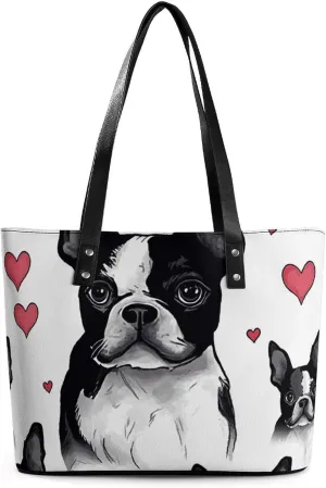Boston Terrier Dog Leather Lady's Handbag Crossbody Purse for Women Ladies Soft Shoulder Bag Medium Roomy Handbag Fashion Tote Top Handle Satchel