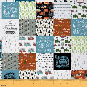 Camper Fabric by The Yard, Happy Camping Upholstery Fabric, Tree Car Decorative Fabric, Geometric Grid Arrow Indoor Outdoor Fabric, DIY Art Waterproof Fabric, Craft Patchwork, Multicolored, 5 Yards