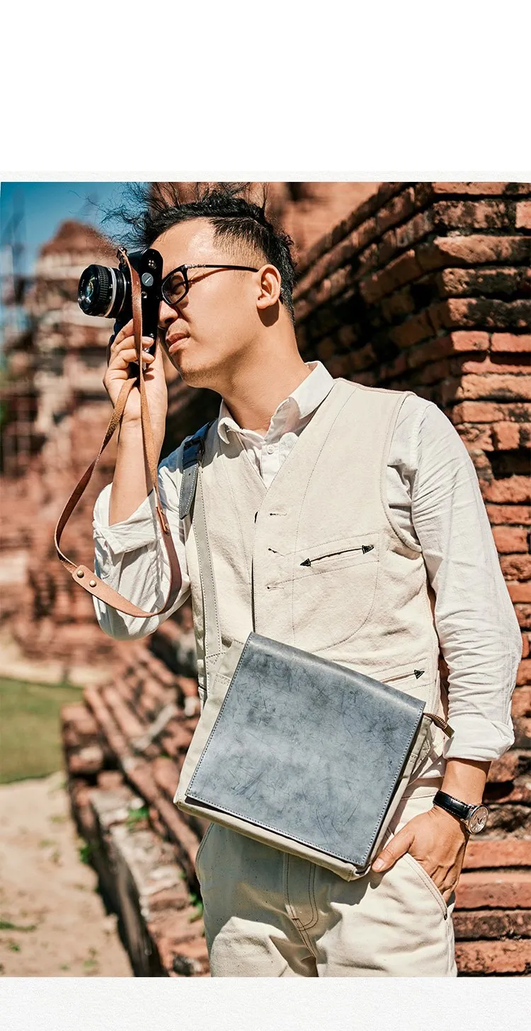 Canvas Leather Mens Small Navy Side Bag Canvas Square Messenger Bags Canvas Travel Courier Bags for Men