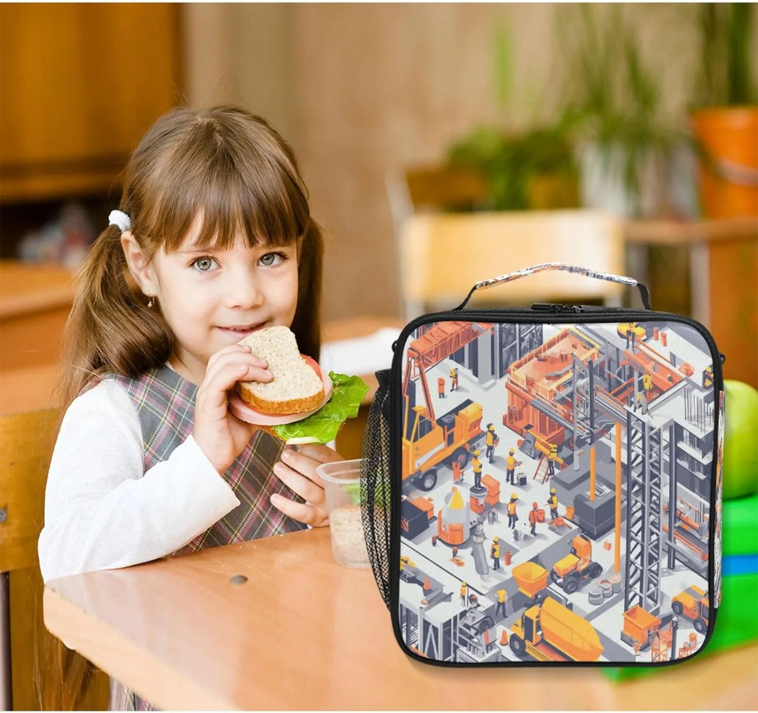 Cooler Tote Bag Zip Pockets Insulated Tote Bag with buckle for School College Construction Scene Concrete Mixer Truck