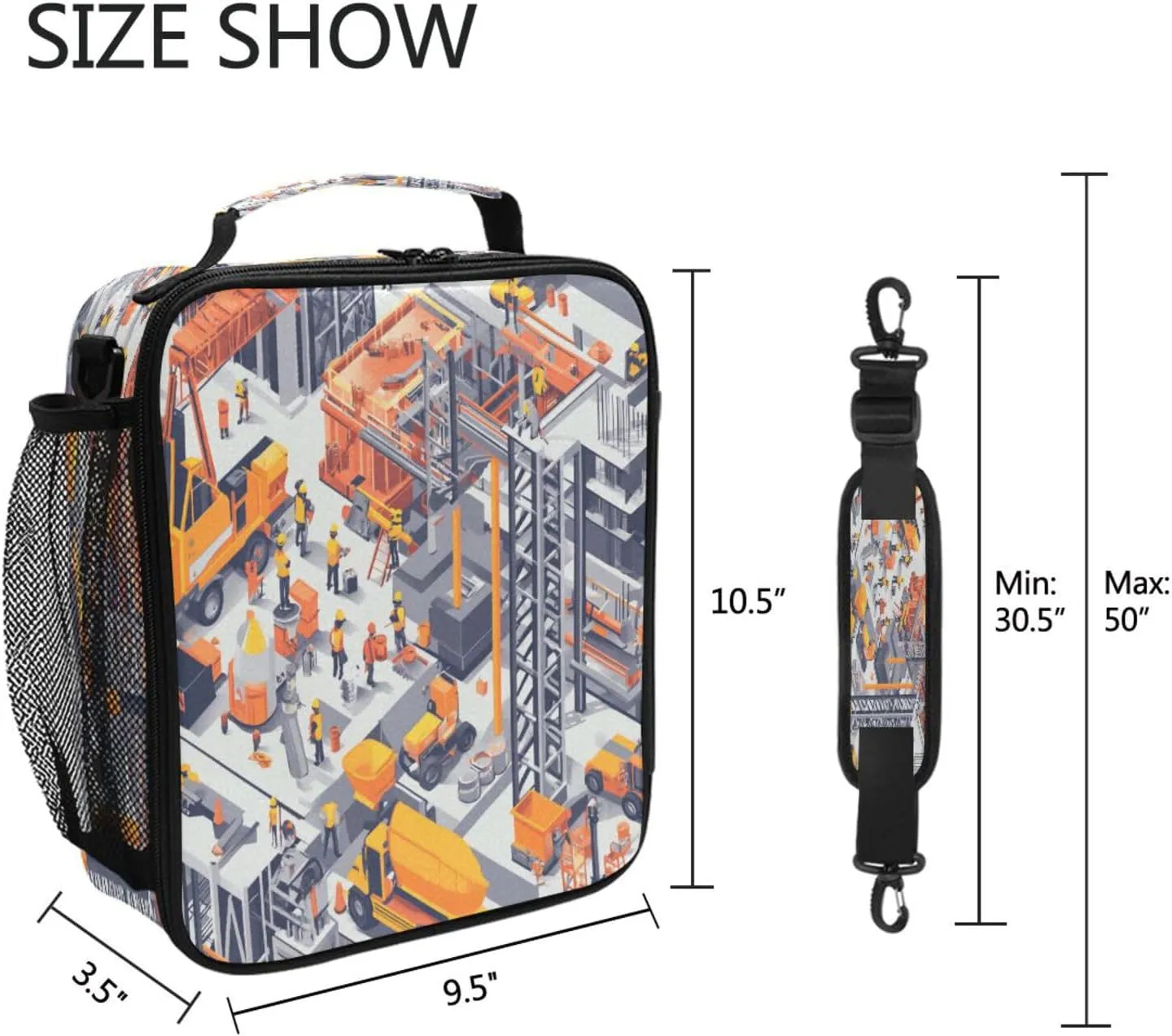 Cooler Tote Bag Zip Pockets Insulated Tote Bag with buckle for School College Construction Scene Concrete Mixer Truck