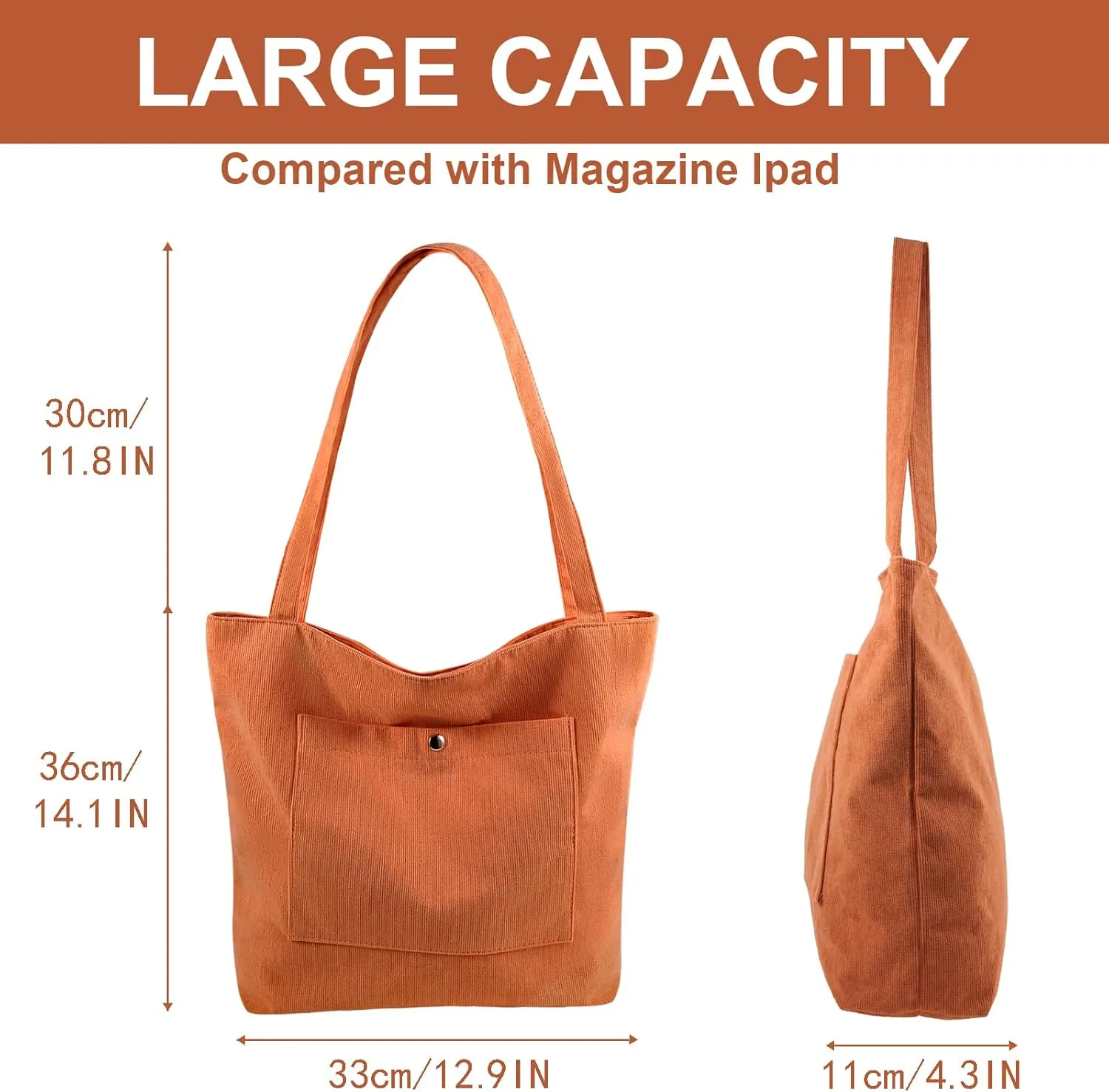 Corduroy Tote Bag for Women, Large Capacity, Adjustable Shoulder Strap, Main Zippered Pocket