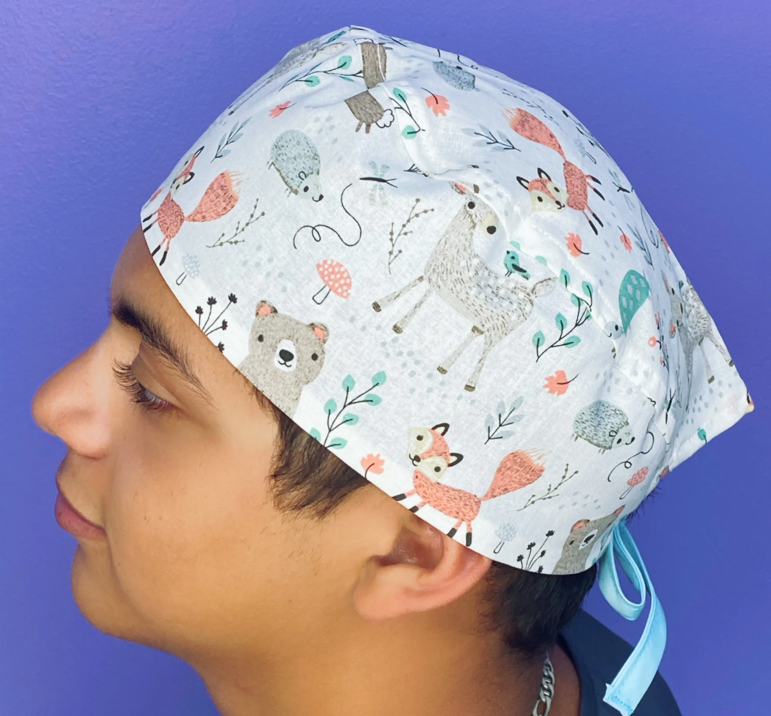 Cute Baby Forest Animals on White Unisex Animal Scrub Cap