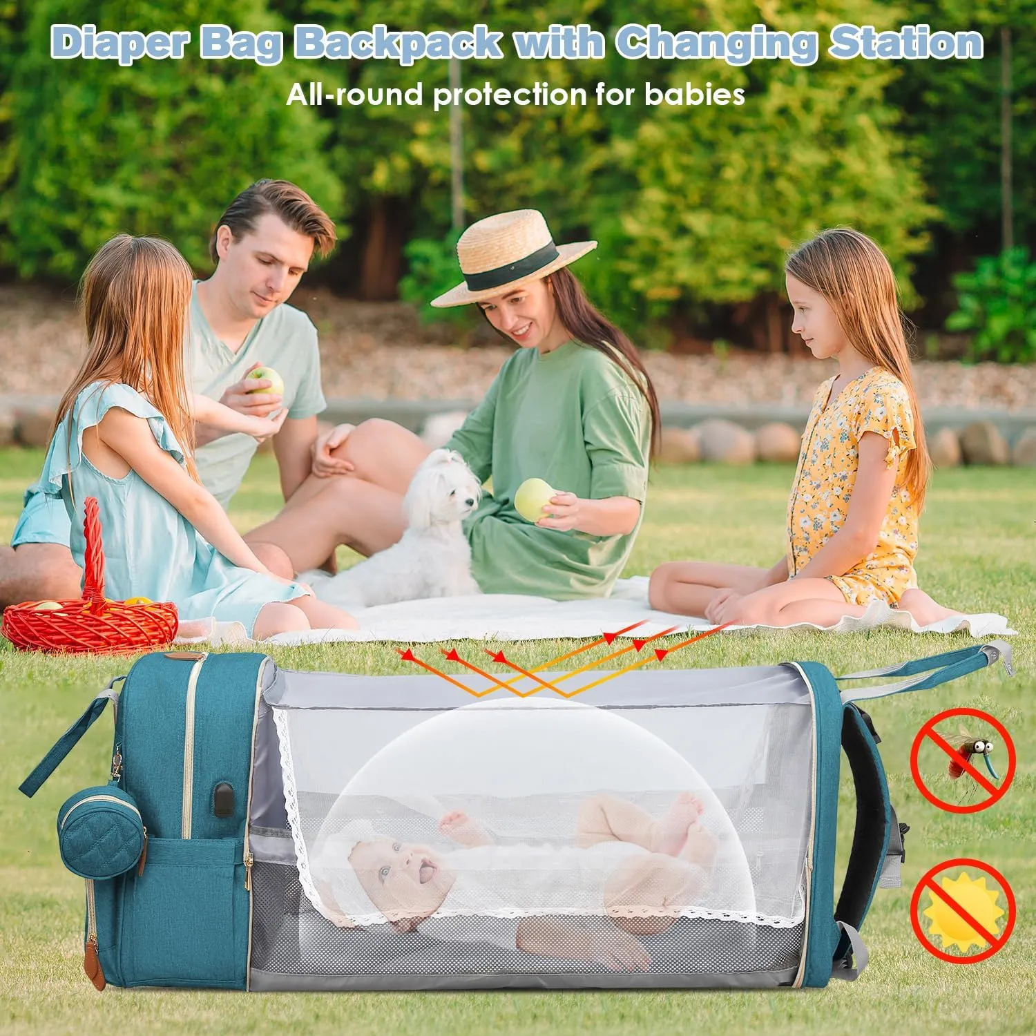 Diaper Bag Backpack, Large Diaper Bag with Changing Station, Baby Bag, New Mom Gifts, Lightweight Waterproof Unisex Diaper Bag with Insulated Pockets and USB Charging Port, Cyan