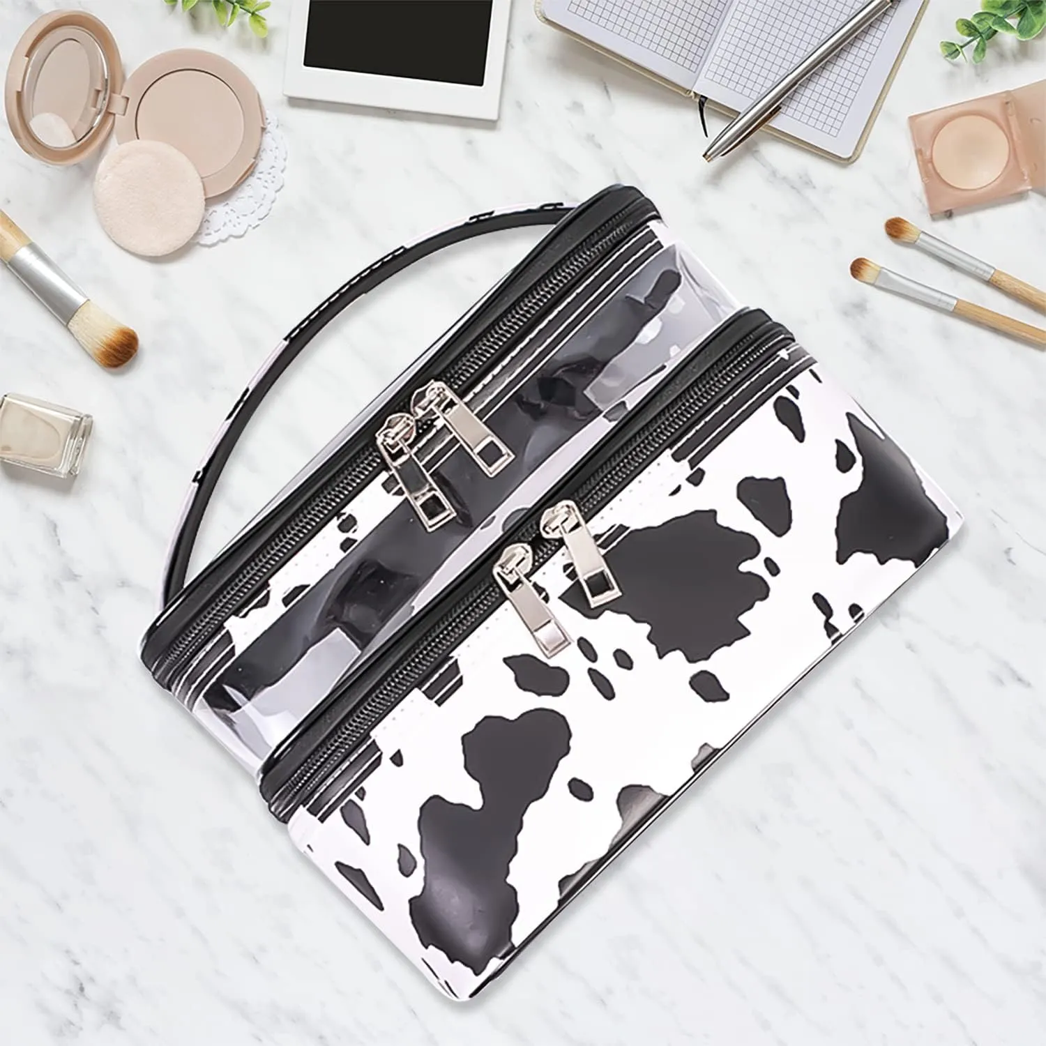 Double-layer Cosmetic Bag Makeup Bag Travel Makeup Bag Makeup Bags for Women Cosmetics Cases Portable Waterproof Foldable (Cow Print)