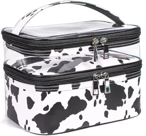 Double-layer Cosmetic Bag Makeup Bag Travel Makeup Bag Makeup Bags for Women Cosmetics Cases Portable Waterproof Foldable (Cow Print)