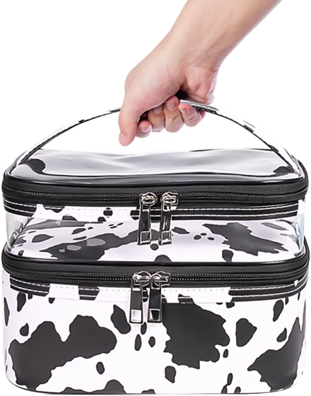 Double-layer Cosmetic Bag Makeup Bag Travel Makeup Bag Makeup Bags for Women Cosmetics Cases Portable Waterproof Foldable (Cow Print)