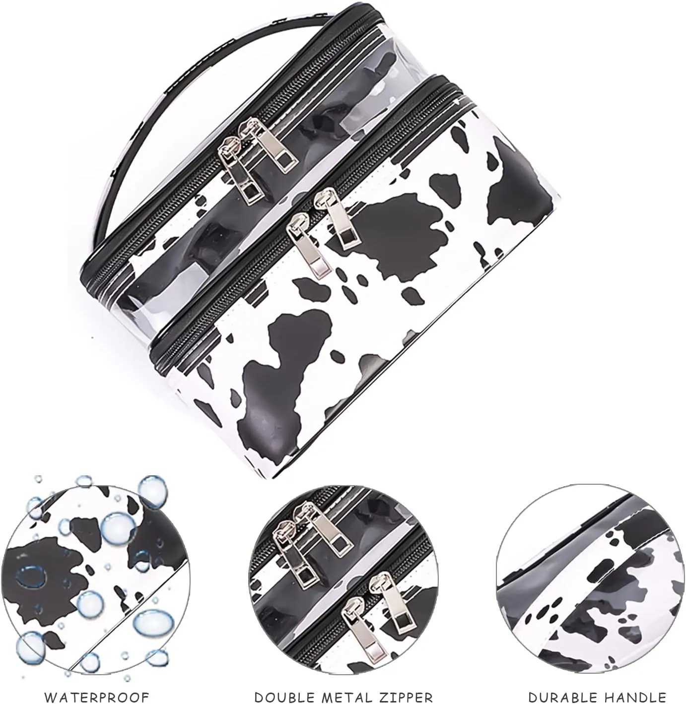 Double-layer Cosmetic Bag Makeup Bag Travel Makeup Bag Makeup Bags for Women Cosmetics Cases Portable Waterproof Foldable (Cow Print)