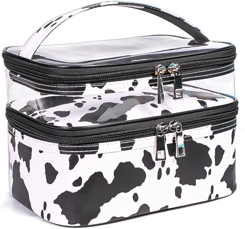 Double-layer Cosmetic Bag Makeup Bag Travel Makeup Bag Makeup Bags for Women Cosmetics Cases Portable Waterproof Foldable (Cow Print)