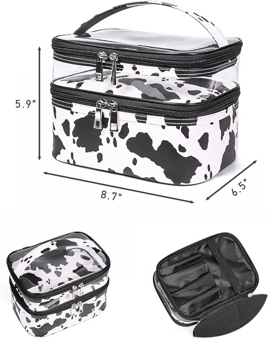 Double-layer Cosmetic Bag Makeup Bag Travel Makeup Bag Makeup Bags for Women Cosmetics Cases Portable Waterproof Foldable (Cow Print)