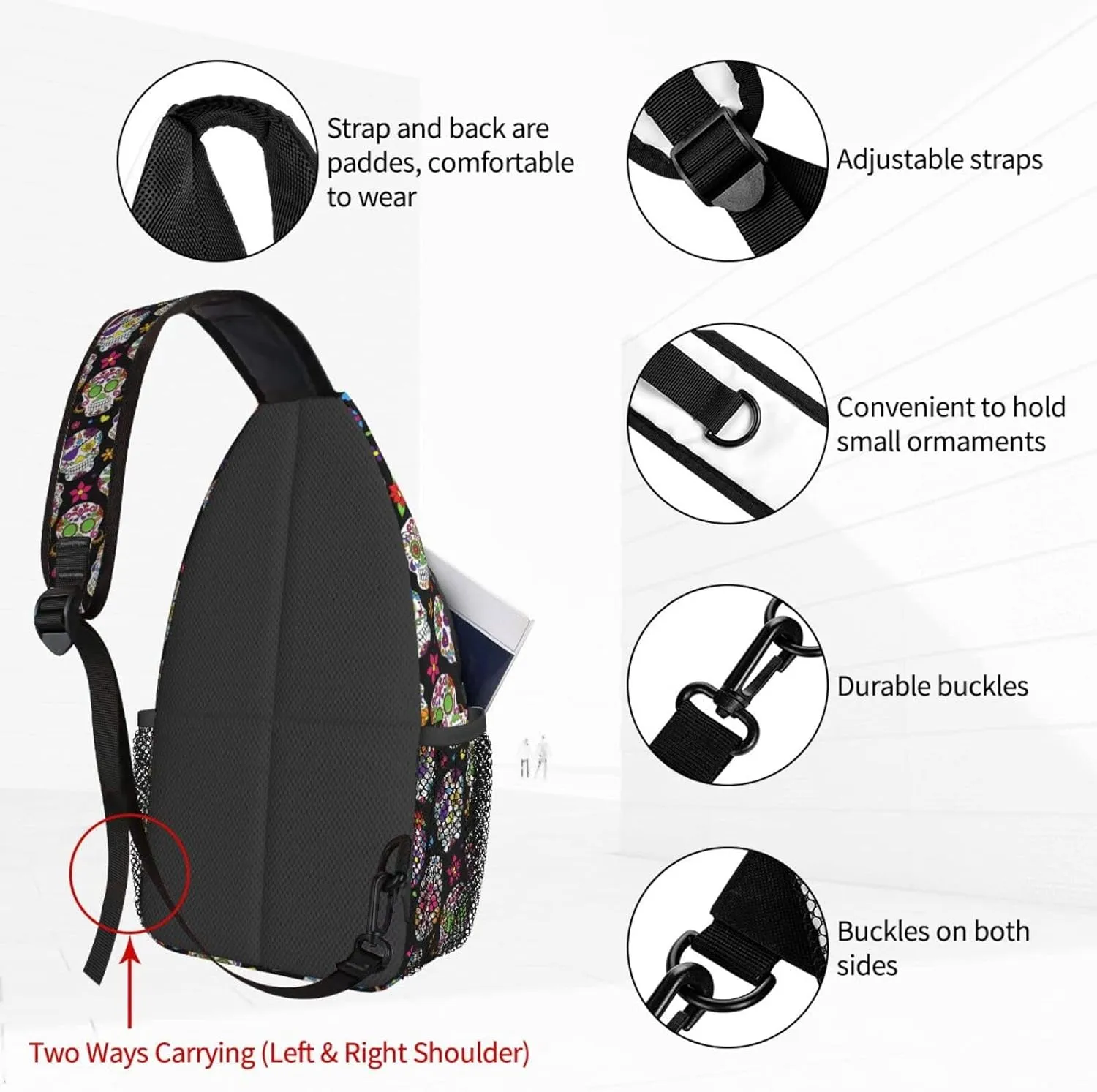 Dujiea Crossbody Backpack For Men Women Sling Bag, Mexican Floral Sugar Skulls Chest Bag Shoulder Bag Lightweight One Strap Backpack Multipurpose Travel Hiking Daypack