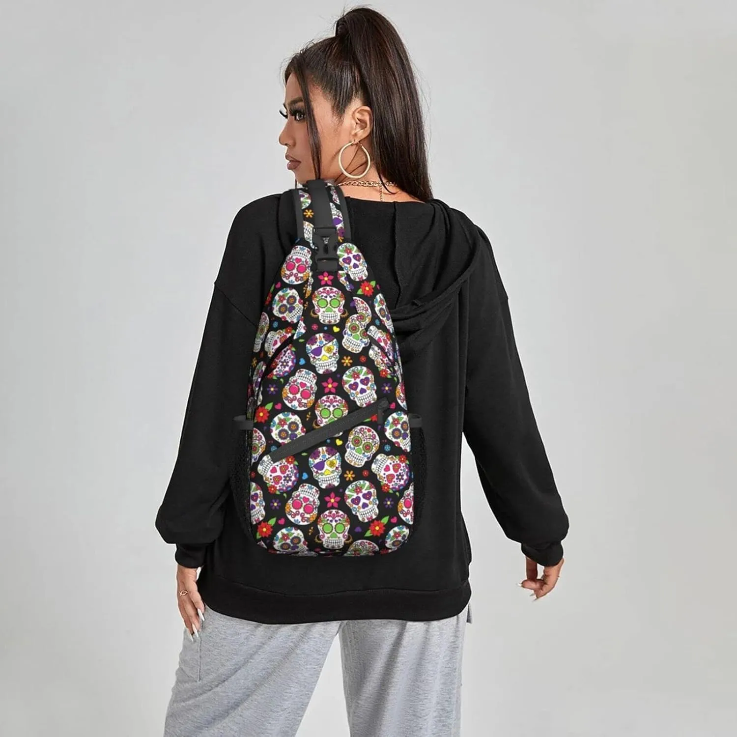 Dujiea Crossbody Backpack For Men Women Sling Bag, Mexican Floral Sugar Skulls Chest Bag Shoulder Bag Lightweight One Strap Backpack Multipurpose Travel Hiking Daypack