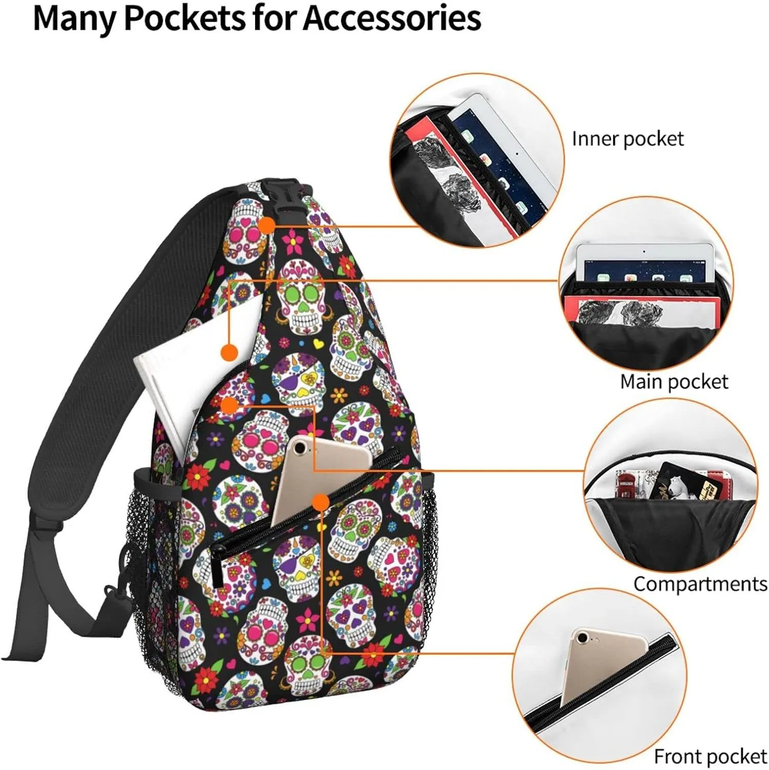 Dujiea Crossbody Backpack For Men Women Sling Bag, Mexican Floral Sugar Skulls Chest Bag Shoulder Bag Lightweight One Strap Backpack Multipurpose Travel Hiking Daypack