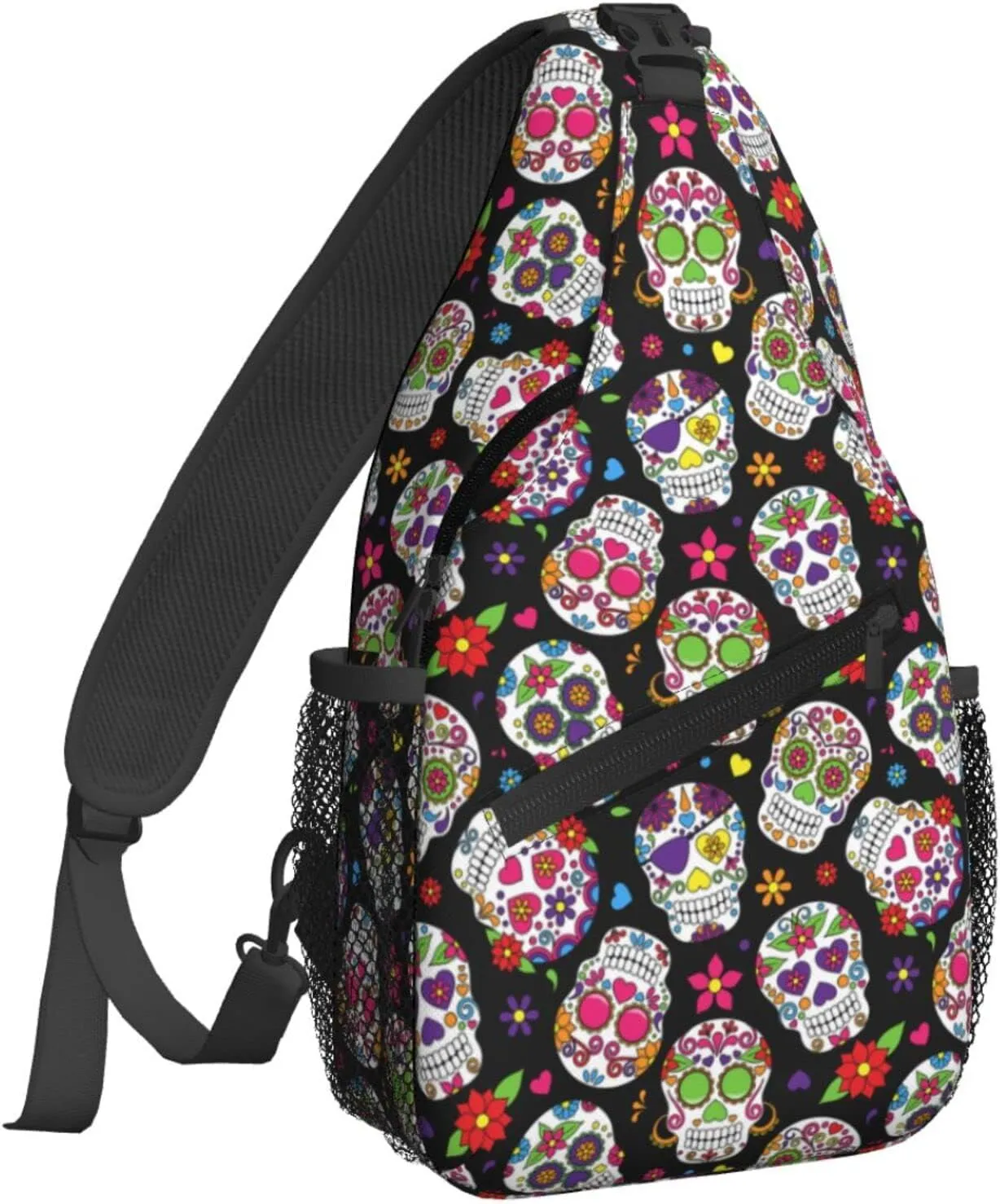 Dujiea Crossbody Backpack For Men Women Sling Bag, Mexican Floral Sugar Skulls Chest Bag Shoulder Bag Lightweight One Strap Backpack Multipurpose Travel Hiking Daypack