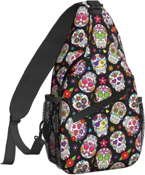Dujiea Crossbody Backpack For Men Women Sling Bag, Mexican Floral Sugar Skulls Chest Bag Shoulder Bag Lightweight One Strap Backpack Multipurpose Travel Hiking Daypack