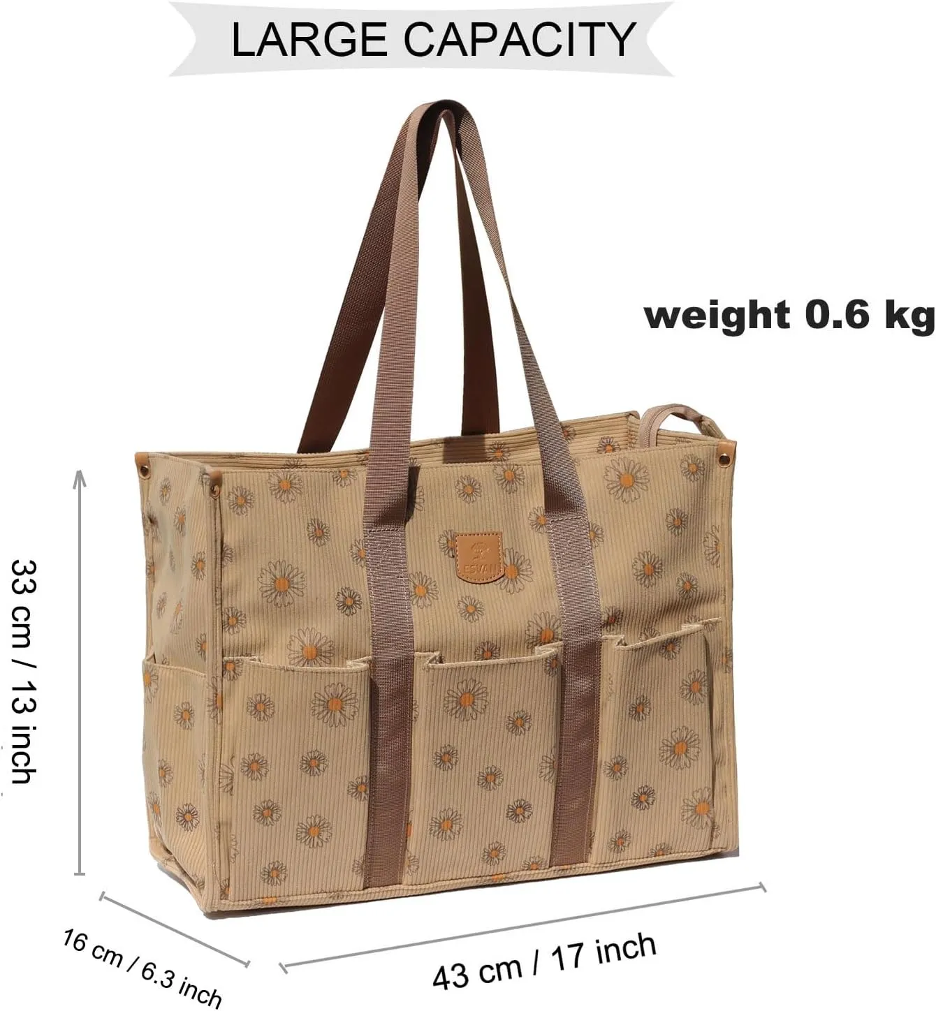ESVAN Utility Tote Bag with Zip Top Corduroy Shoulder Bag Teacher Bag for Teacher Work Women Travel Beach