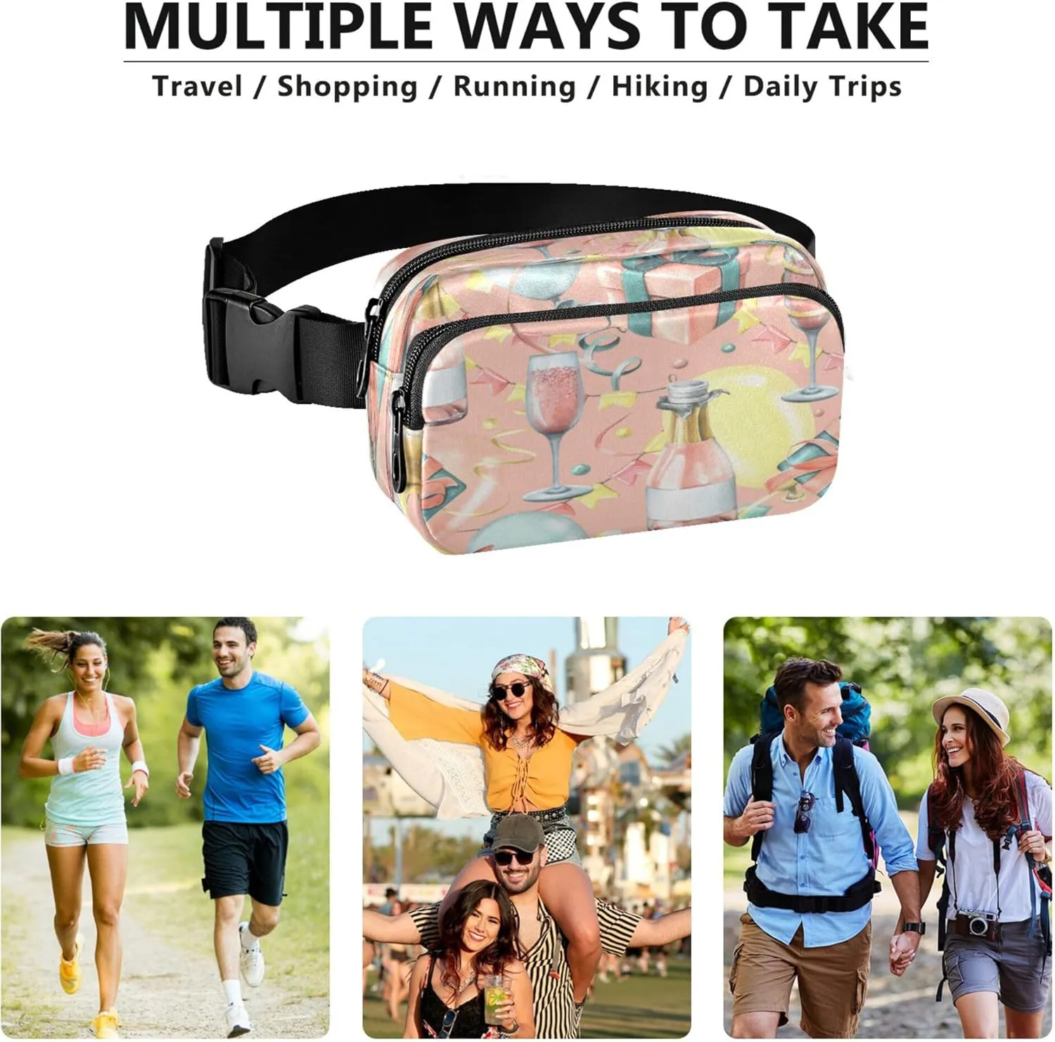 Exnundod Fanny Waist Packs Celebration Wine Theme Running Hiking Waist Pack Fashionable Zipper Belt Bag for Workout Traveling