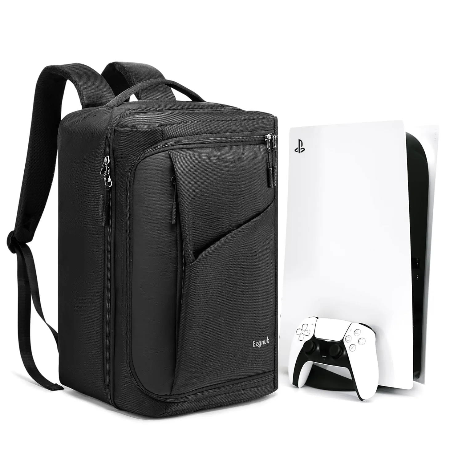 Ezgnuk Game Backpack for PS5 Console, Protective Travel Carrying Case, Large Capacity Storage Bag with Zippered Pocket for PlayStation 5, Laptop, Headphones, Game Discs and Accessories
