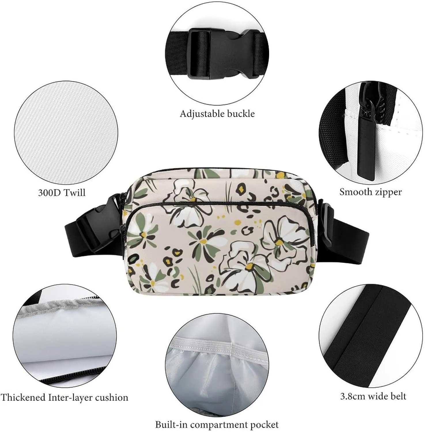 Fanny Pack for Women Men Cartoon Flower Belt Bag Leopard Waist Pack Bum Bag for Running Cycling Hiking Travel Workout with Adjustable Strap