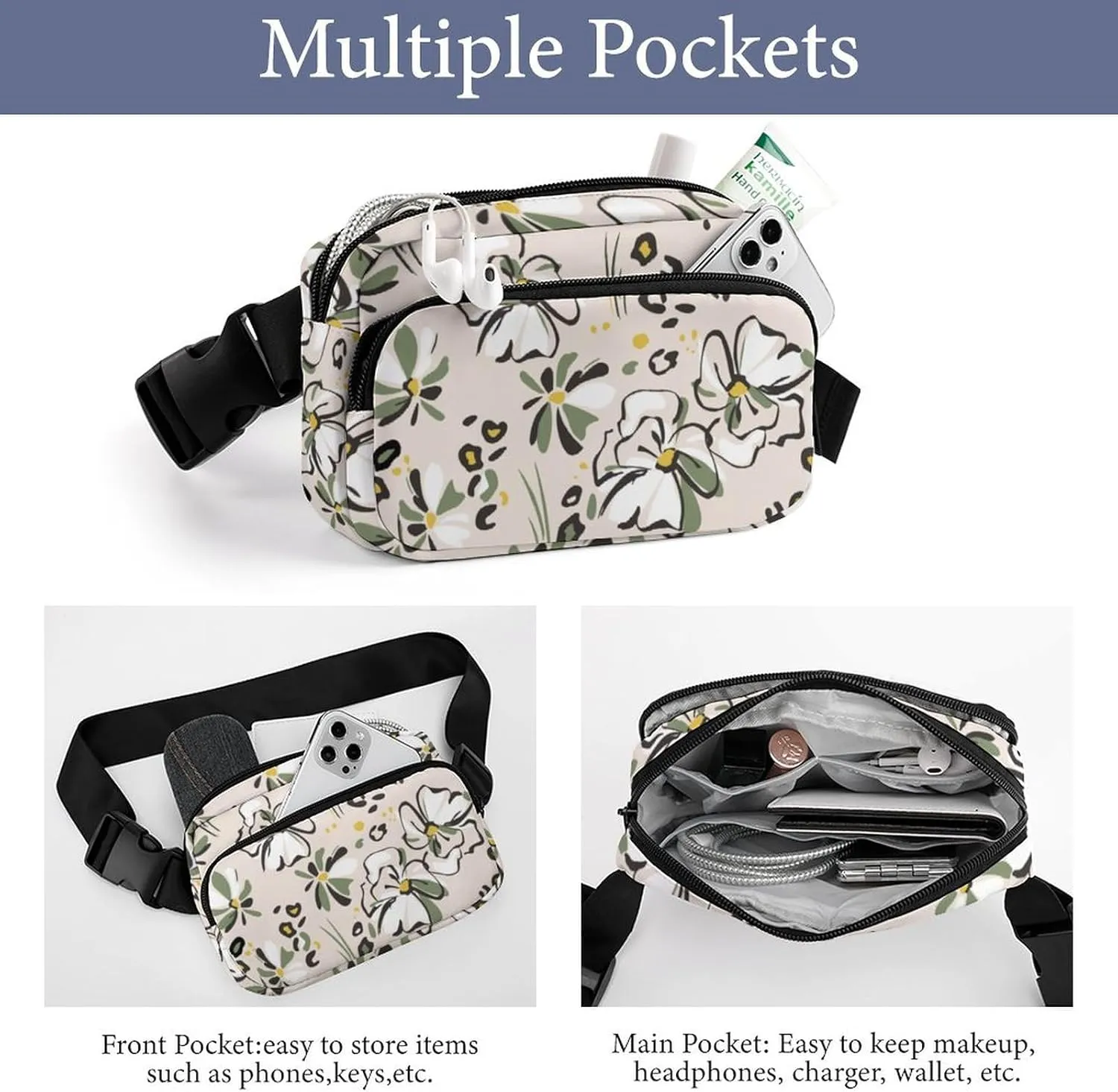 Fanny Pack for Women Men Cartoon Flower Belt Bag Leopard Waist Pack Bum Bag for Running Cycling Hiking Travel Workout with Adjustable Strap