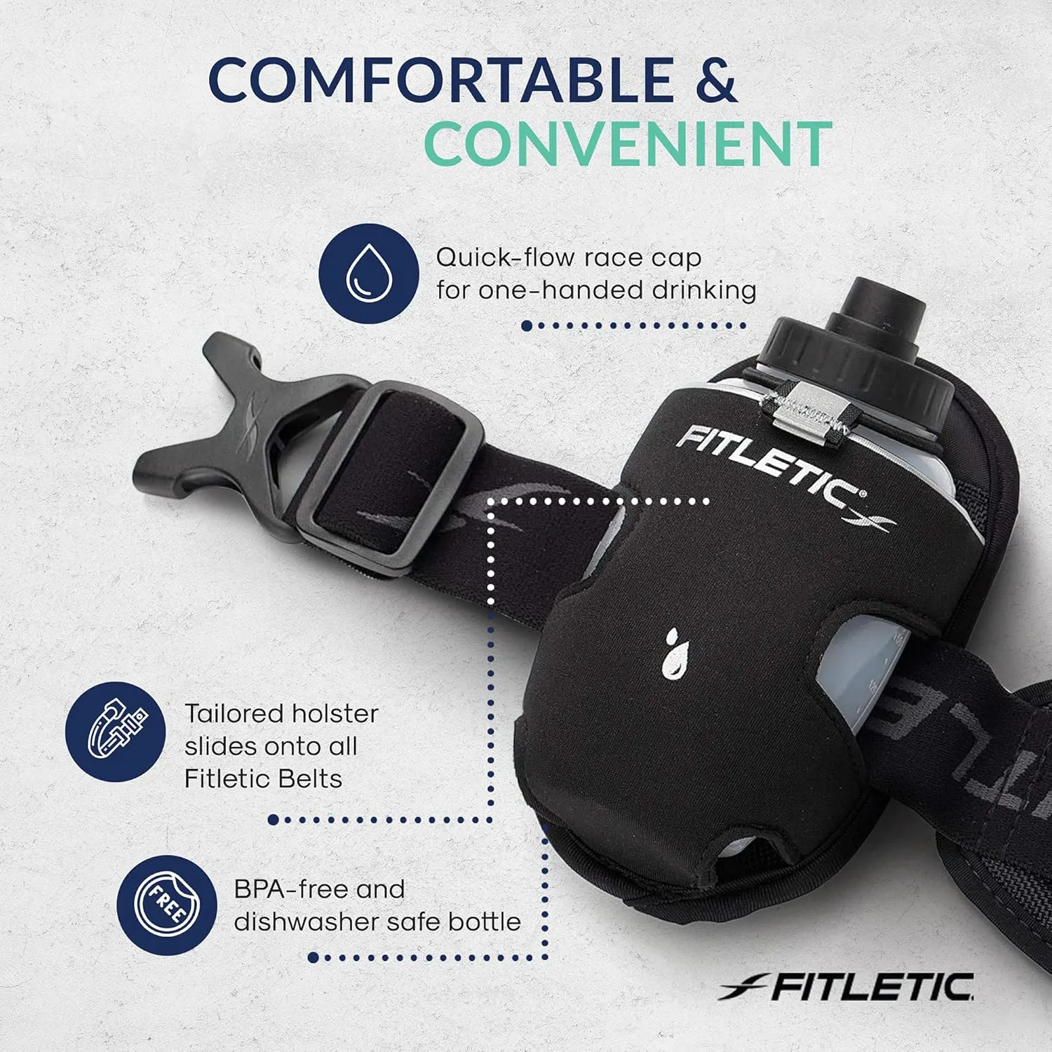 Fitletic 8-ounce Sport Water Bottle with Holster Attachable to Belts. No-Bite Cap Quick Hydration for Daily Running, Marathon, Triathlon, Ironman Race
