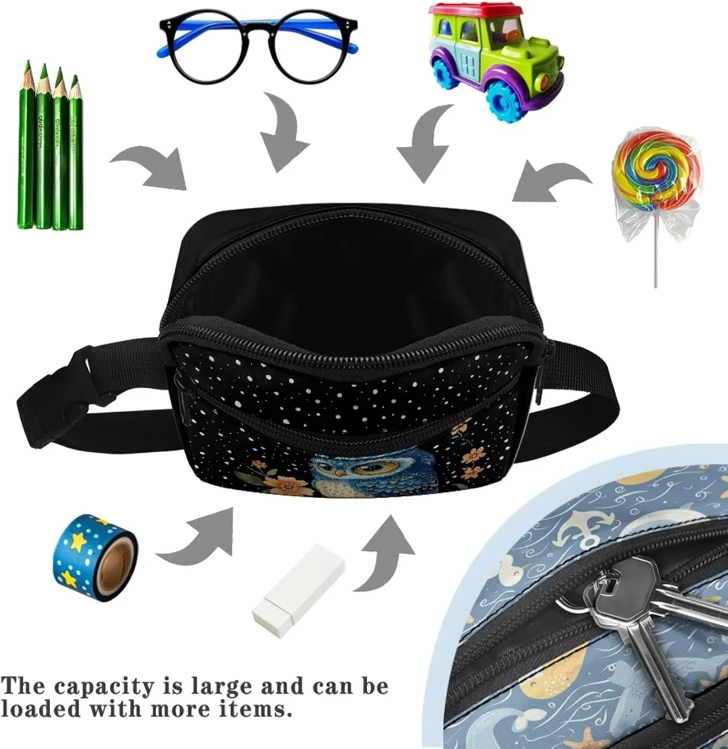 FOR U DESIGNS Girl Fanny Pack with Adjustable Strap for Running Hiking Workout Travel Belt Bag Fashion Waist Packs Owl Print Hip Bag Purse