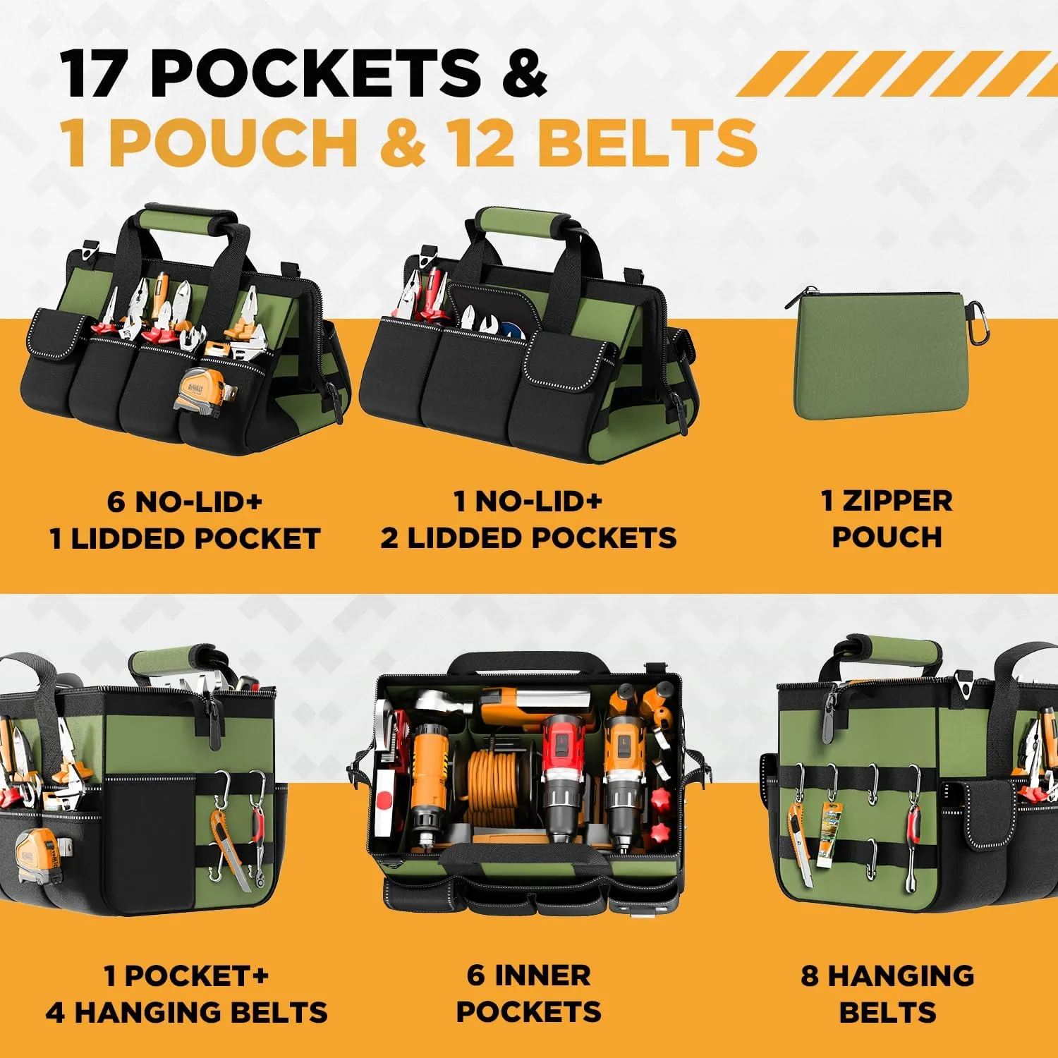 Goovilla Tool Bag 15.5 Inch with 1 Pouch | 17-Pocket Portable Tool Box Organizer Storage with Adjustable Strap, Soft Handle and Durable Zipper | Heavy Duty Tool Bags for Men, Fathers Day (Green)