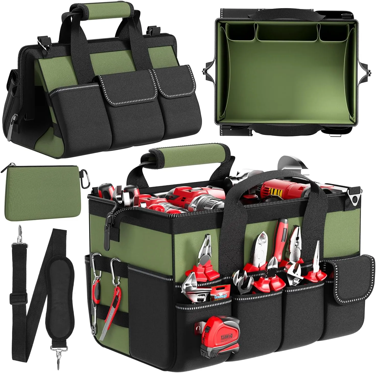 Goovilla Tool Bag 15.5 Inch with 1 Pouch | 17-Pocket Portable Tool Box Organizer Storage with Adjustable Strap, Soft Handle and Durable Zipper | Heavy Duty Tool Bags for Men, Fathers Day (Green)