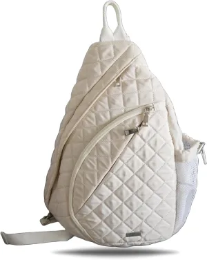 Large Cream Color Quilted Nylon Sling Bag for Women, Light Beige Big Unisex Crossbody Daypack, Lightweight Everyday White One Shoulder Travel Backpack with Hidden Pockets and Bottle Holder