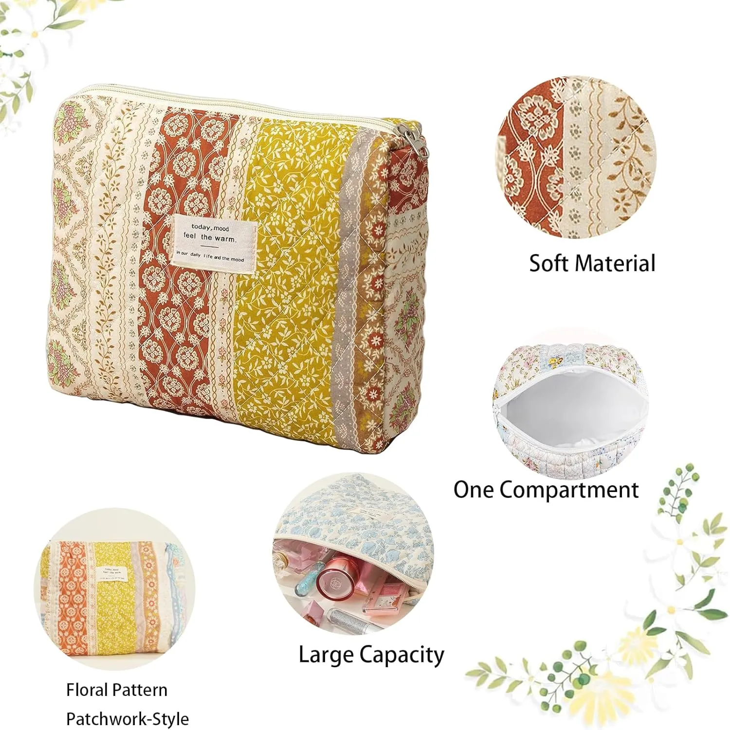 Large Makeup Bag, Quilted Cosmetic Bag, Floral Coquette Aesthetic Toiletry Bag, Patchwork Flower Travel Make Up Organizer Bag for Women Girls