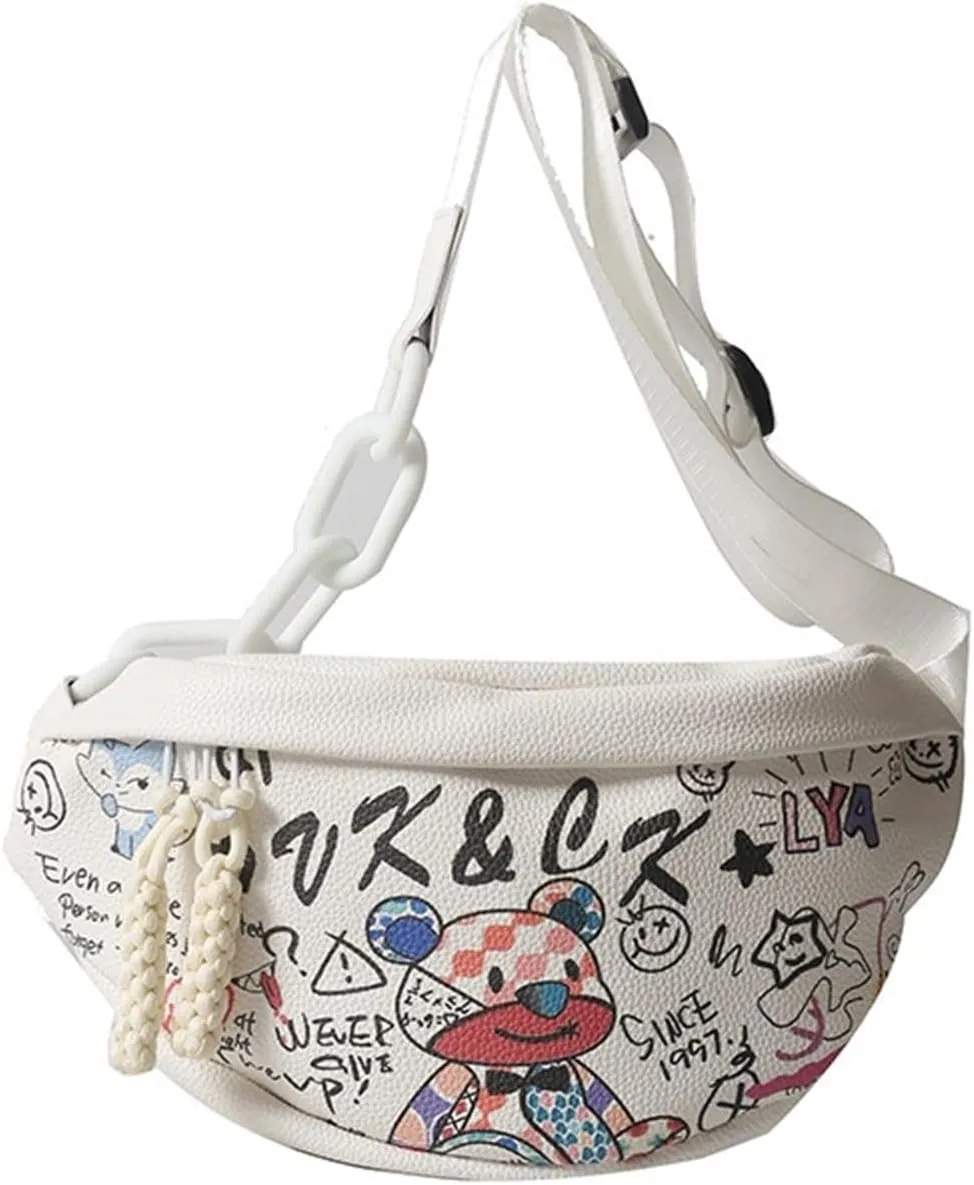 Leather Waist Pack Fanny Pack for Men Women,[Graffiti Series] Multifunctional Crossbody Bag Fashion Hip Purse Travel Trip Hiking Bum Bag Shoulder Belt Bag