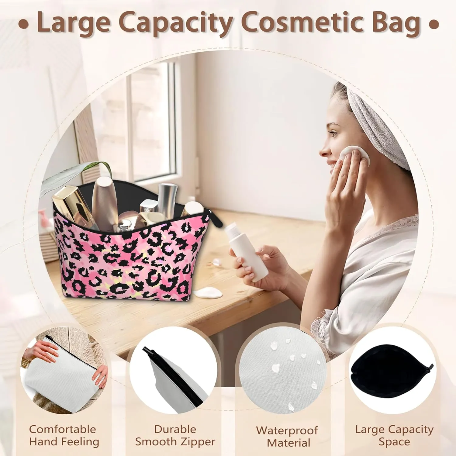 Makeup Bag Black Leopard Print Cosmetic Bags for Women Mini Portable Pink Tie Dye Travel Toiletry Bag Organizer Make up Brushes Aesthetic Accessories Waterproof Storage Bags