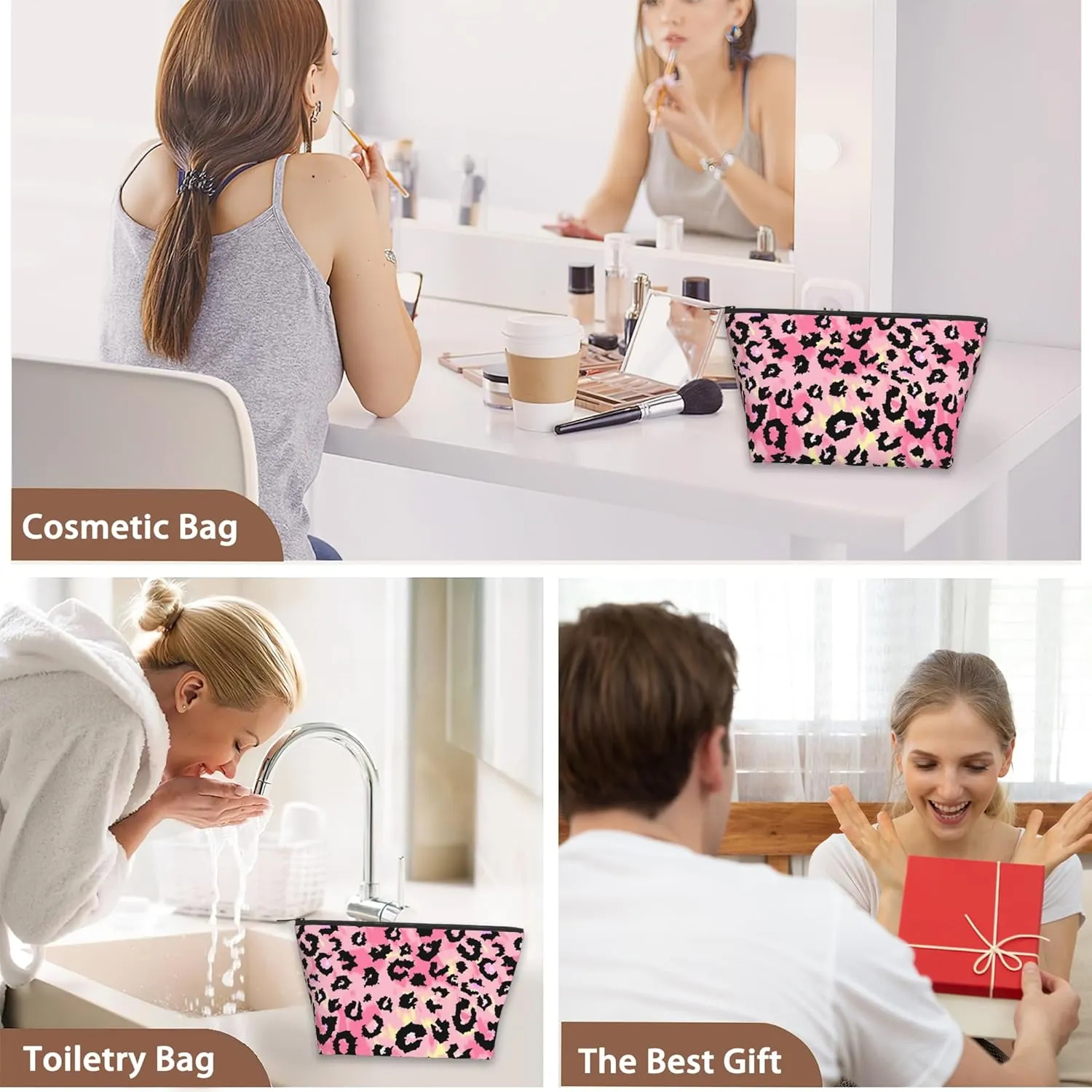 Makeup Bag Black Leopard Print Cosmetic Bags for Women Mini Portable Pink Tie Dye Travel Toiletry Bag Organizer Make up Brushes Aesthetic Accessories Waterproof Storage Bags