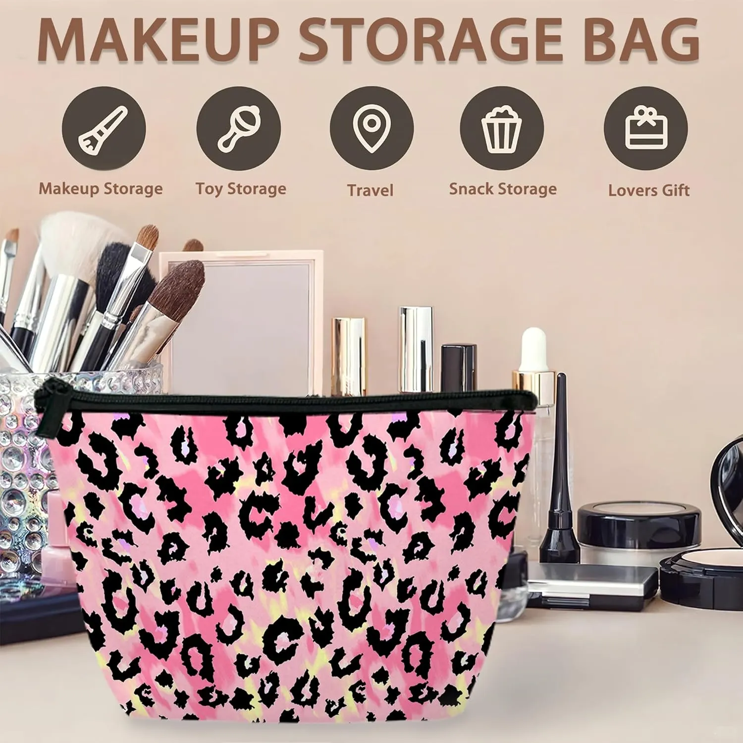 Makeup Bag Black Leopard Print Cosmetic Bags for Women Mini Portable Pink Tie Dye Travel Toiletry Bag Organizer Make up Brushes Aesthetic Accessories Waterproof Storage Bags